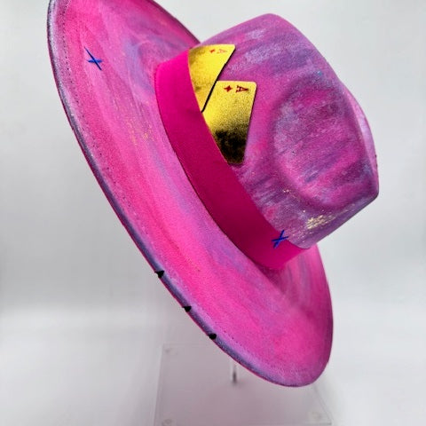 Hand painted fuchsia wide brim fedora