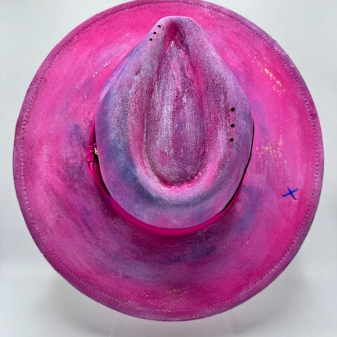 Hand painted fuchsia wide brim fedora