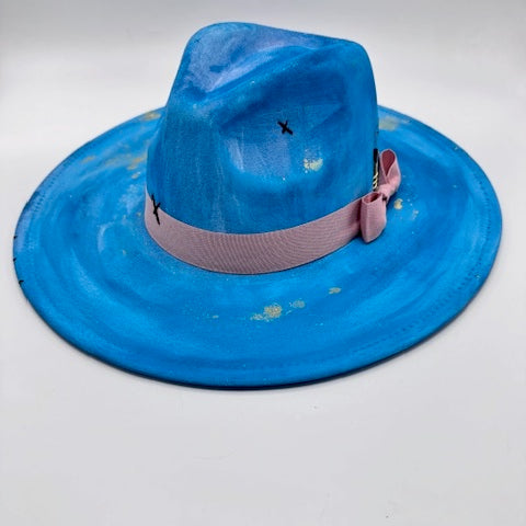 Large brim blue fedora with gold