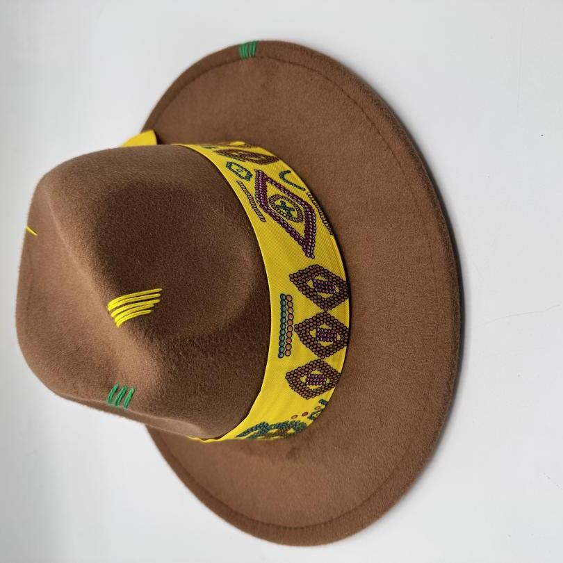 Brown fedora with yellow details