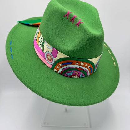 Green fedora with pink and yellow details