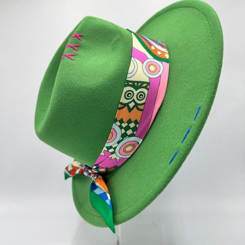 Green fedora with pink and yellow details