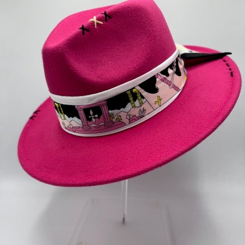 Fuschia fedora with black and white details