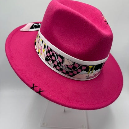 Fuschia fedora with black and white details