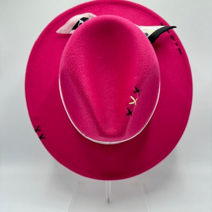 Fuschia fedora with black and white details