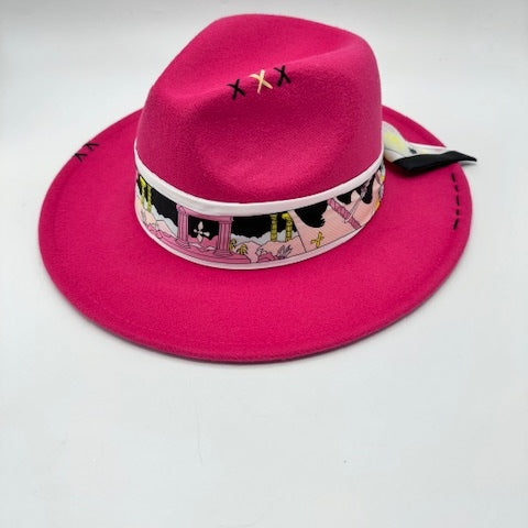 Fuschia fedora with black and white details