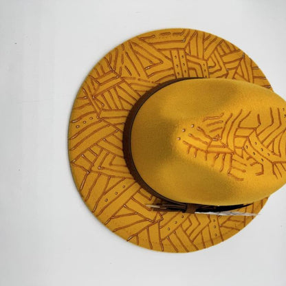 Mustard fedora with honey comb design