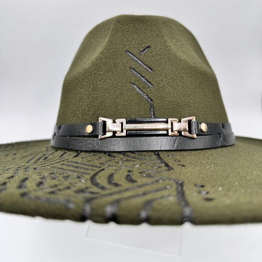 Wide brim army green fedora with carvings