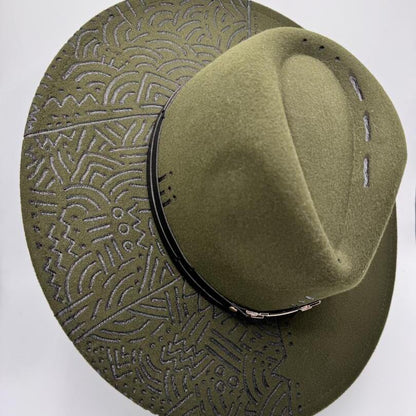 Wide brim army green fedora with carvings