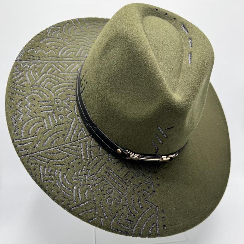 Wide brim army green fedora with carvings