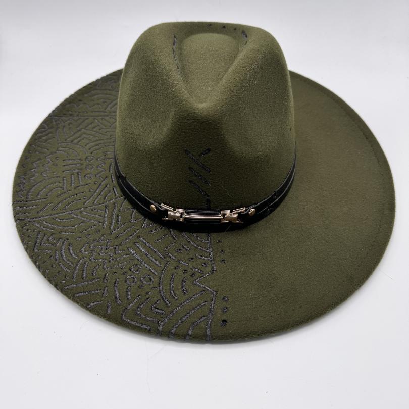 Wide brim army green fedora with carvings