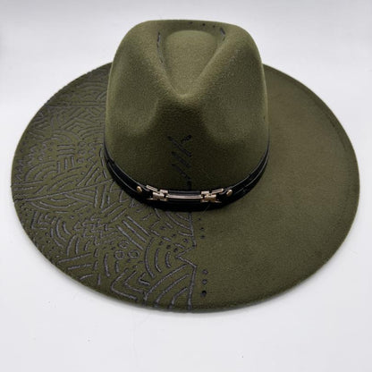 Wide brim army green fedora with carvings