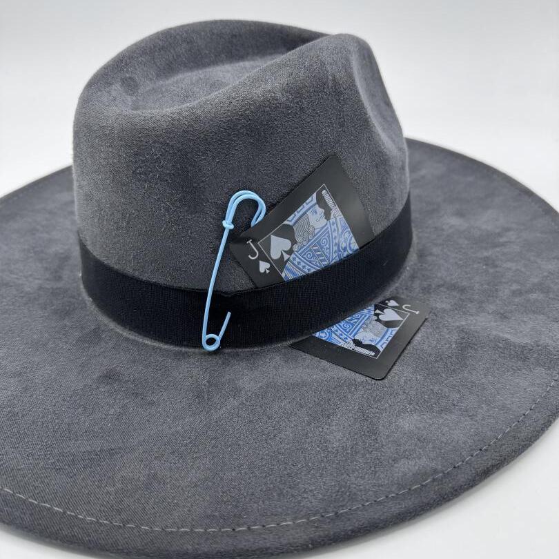 Elegant grey wide brim fedora with cards