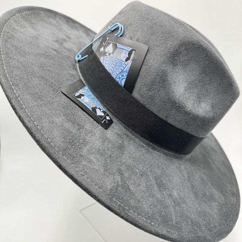 Elegant grey wide brim fedora with cards