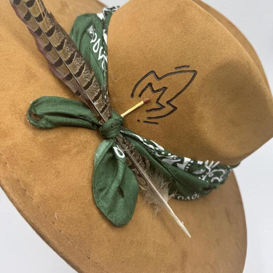 Wide brim fedora ready with green bandana