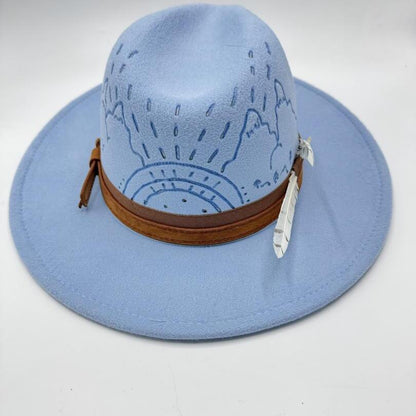 Blue fedora with carvings