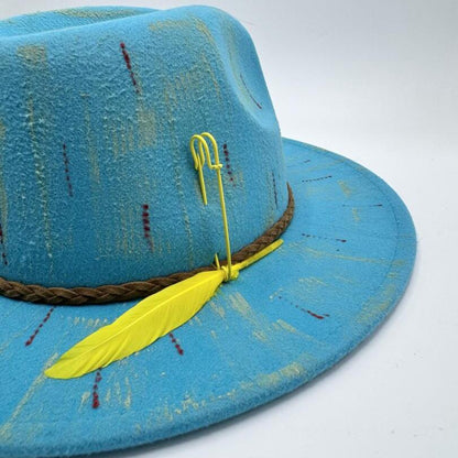 Turquoise fedora with yellow details