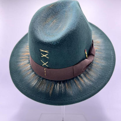 Royal green fedora with gold and brown paint