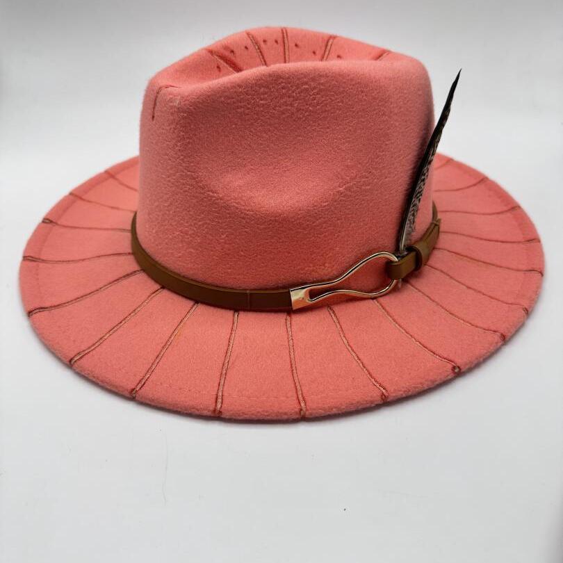 Salmon color fedora with carving details