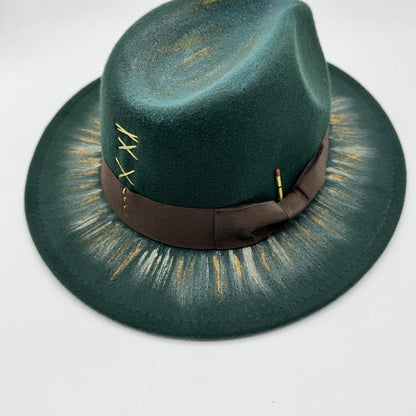 Royal green fedora with gold and brown paint