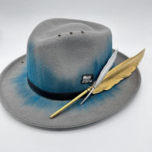 Twisted brim grey fedora with blue painting