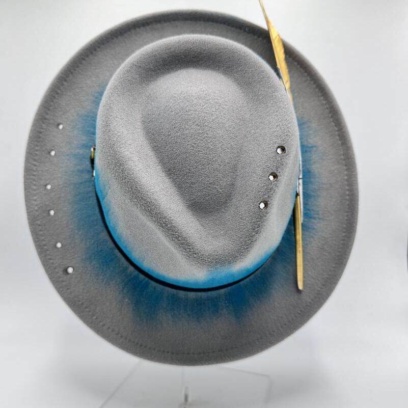 Twisted brim grey fedora with blue painting