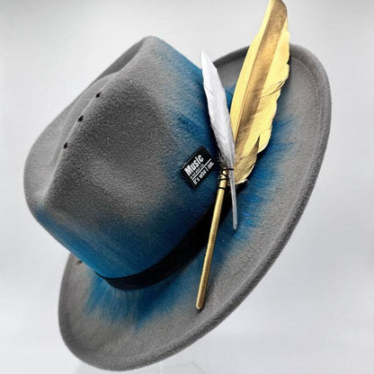 Twisted brim grey fedora with blue painting