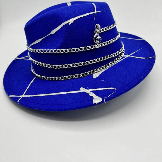 Royal blue fedora with silver paint and chain