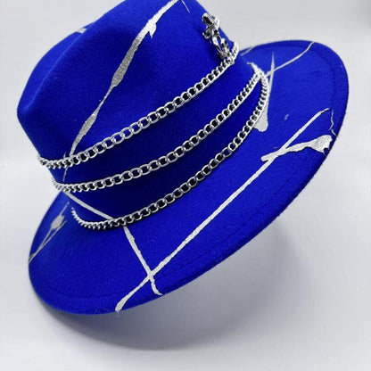 Royal blue fedora with silver paint and chain