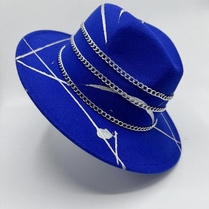 Royal blue fedora with silver paint and chain