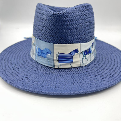 Navy blue straw fedora with horses scarf