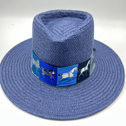 Navy blue straw fedora with horses scarf