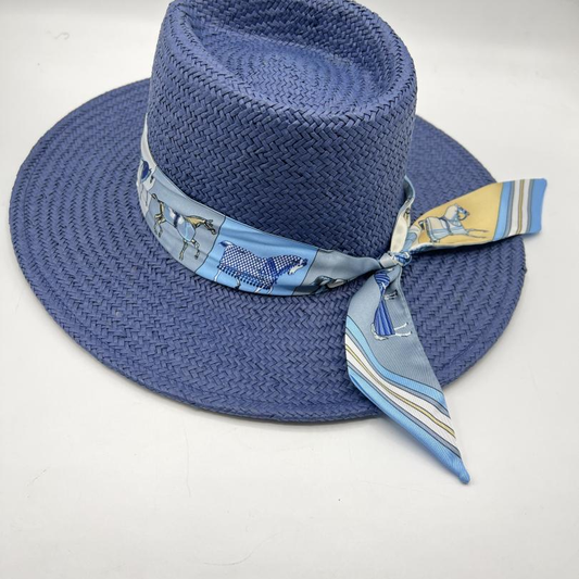 Navy blue straw fedora with horses scarf