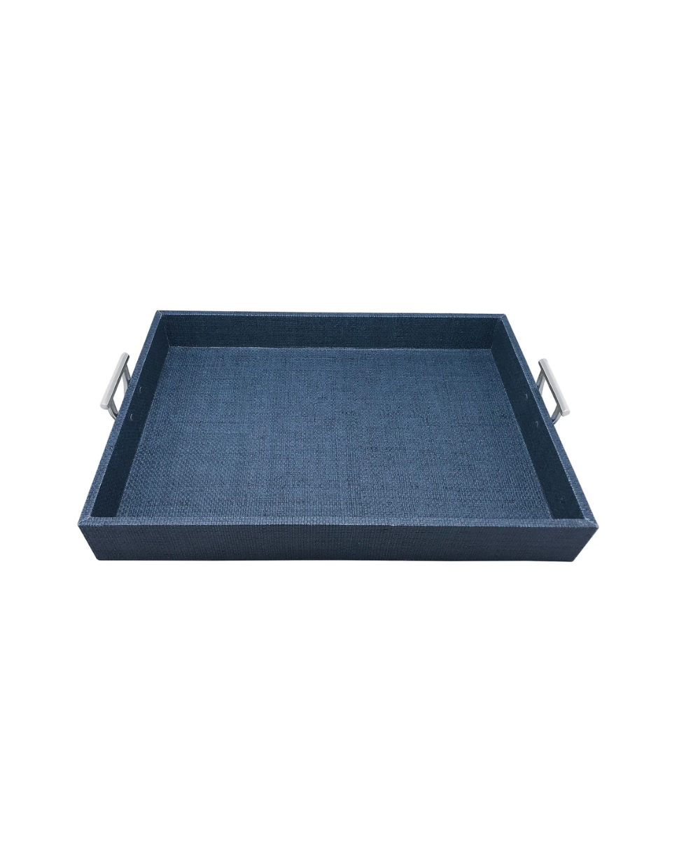 Indigo Faux Grass cloth Tray With Metal Handles