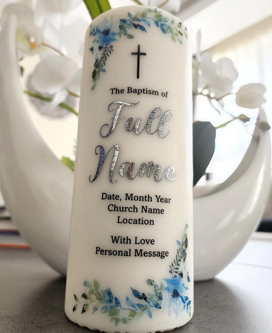 Baby Baptism candle in Metallic Silver Print 20cm ( Ideal for Christening / Communions / Baby Shower Gift / New Born Baby Gift)