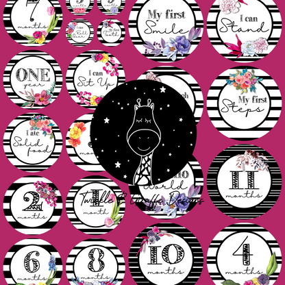 B&W Stripes and Flowers Milestone Stickers