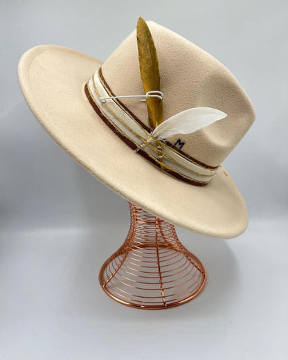 Beige fedora with golden feather