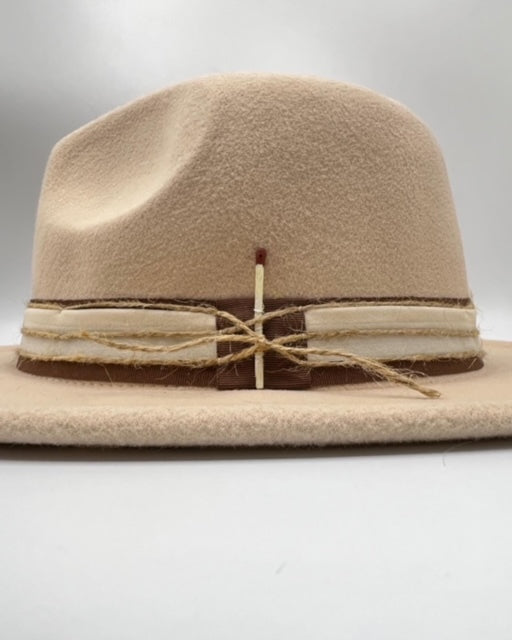 Beige fedora with golden feather