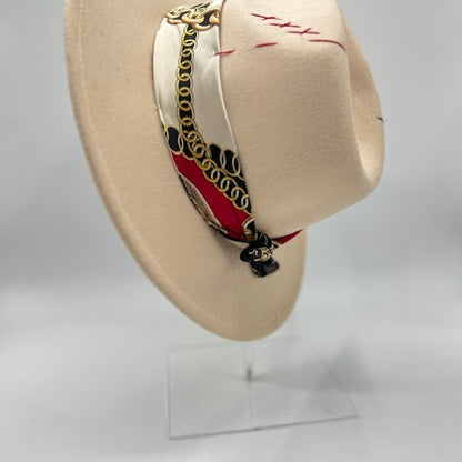 Beige fedora with red details