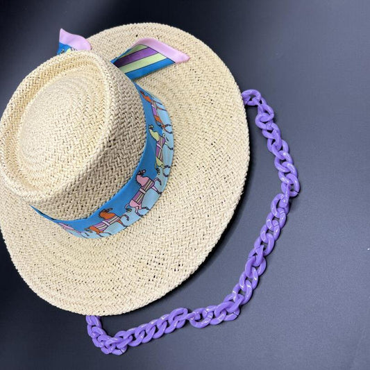 Beige paper straw hat with purple chain