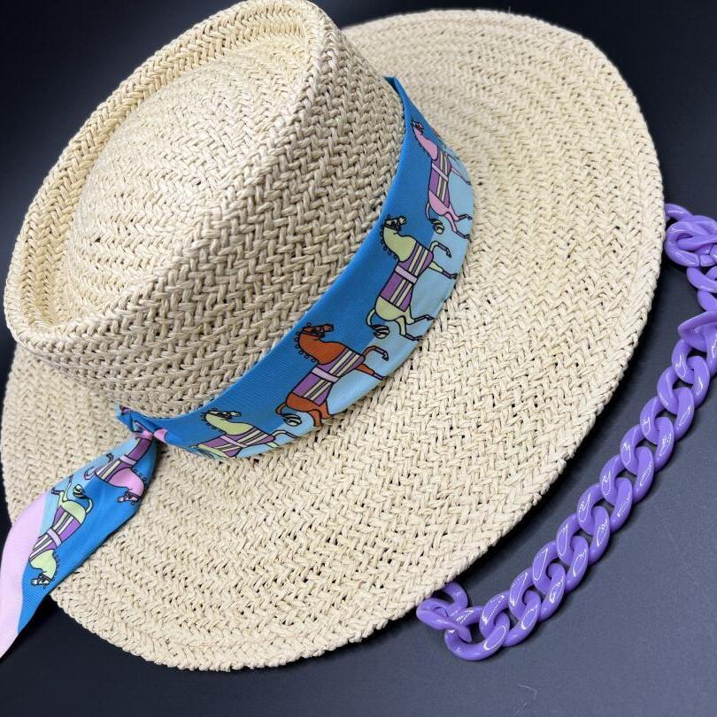 Beige paper straw hat with purple chain