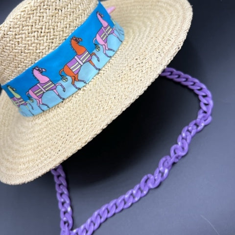 Beige paper straw hat with purple chain