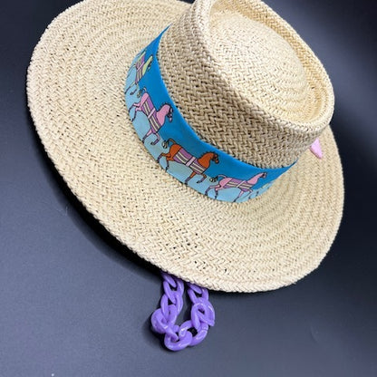 Beige paper straw hat with purple chain