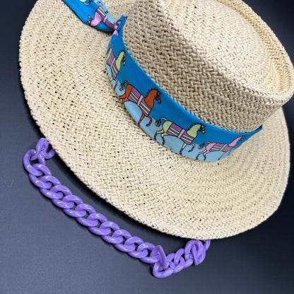 Beige paper straw hat with purple chain