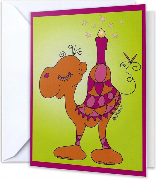 Birthday Camel - Bright design greeting card, a whimsical reflection of sunny Arabia. Size 19x14cm, blank inside for your own message