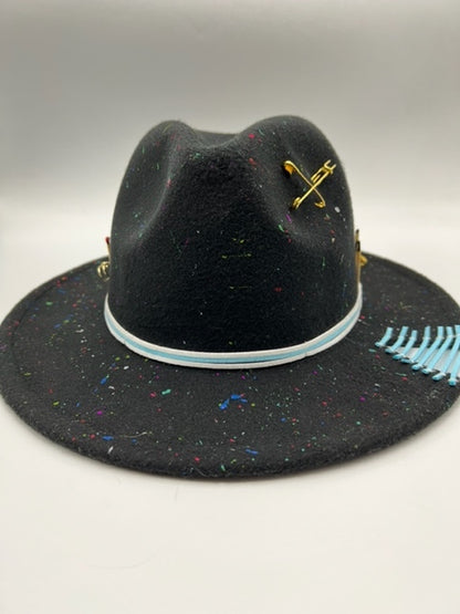 Black fedora with golden card