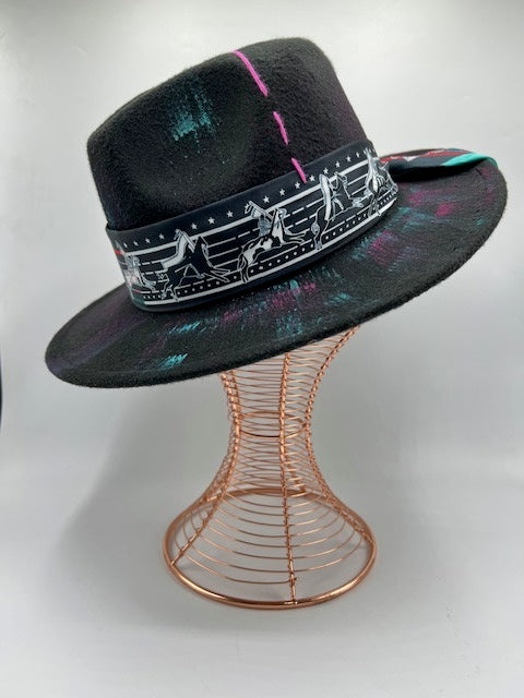 Black fedora with turquoise and fuchsia details