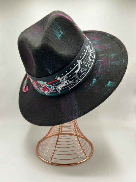 Black fedora with turquoise and fuchsia details