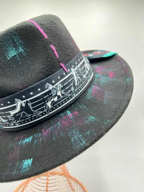 Black fedora with turquoise and fuchsia details