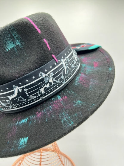 Black fedora with turquoise and fuchsia details